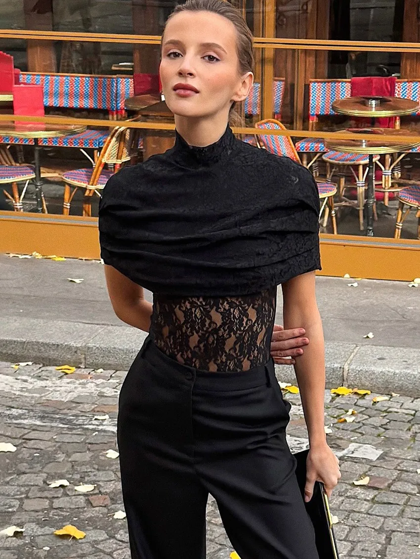 Spring Summer Women's Clothing Slim Fit Short Sleeve High Neck Tops Elegant Casual T Shirt For Woman Nylon Lace Detailed