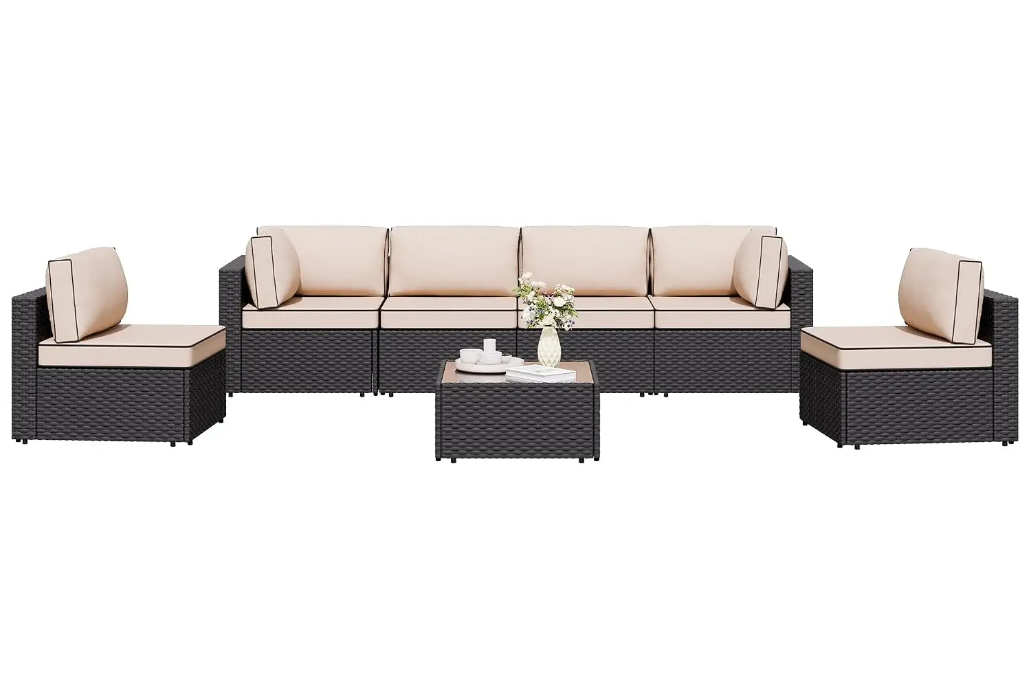 7 Pieces Outdoor Patio Sectional Sofa Wicker Set with Washable Cushions & Glass Table for Garden Poolside Backyard, Customized