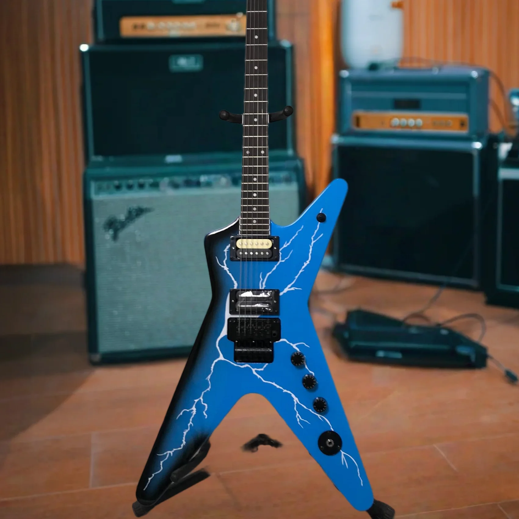 Blue Lightning Alien-Shaped Electric Guitar Mahogany Body Sharp Star-Shaped Body with Tremolo Bridge System