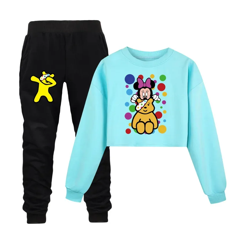 111 www جديد P-Pudsey Bear الكرتون الطباعة الاطفال زي طفل الفتيات موضة نصف الخصر البلوز + السراويل مجموعات الأطفال طويلة الأكمام