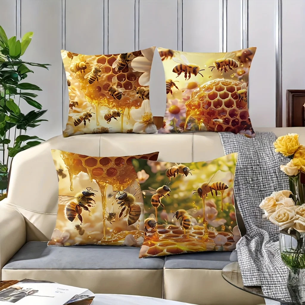 4Pcs Bee Pillow Covers 45x45cm Double-sided Printed Honeycomb Cushion Cases Honey Bee Home Decor Throw Pillows No Insert