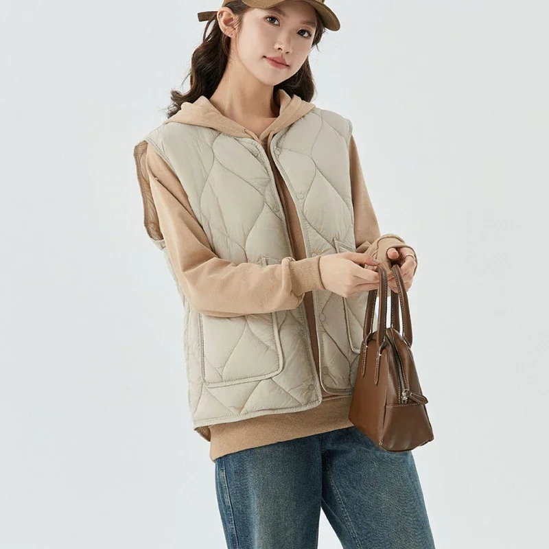 Autumn Winter Down Cotton Solid Color V-Neck Sleeveless Vest with Lightweight Warm and Slim Fit Comfortable Versatile Base Vests