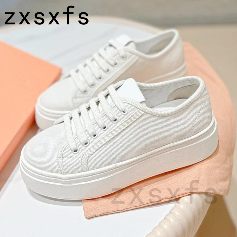 Sneakers datar kanvas bertali wanita sepatu pantofel Slip On Platform sepatu pelari kasual Flat musim semi wanita untuk Mules wanita