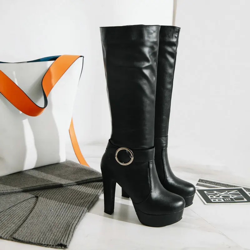 Sexy Big Size 44 45 Plain Black White Beige Round Toe Platform Winter Lady Shoes Thick Block High Heels Mid-calf Stretch Boots