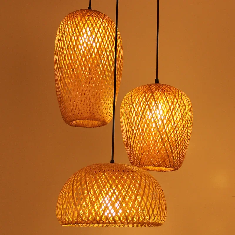 Lâmpada Pendant LED Lampshade De Bambu, Lustres De Teto De Vime De Rattan Natural, Luz De Suspensão Tecida À Mão, Luminárias E27