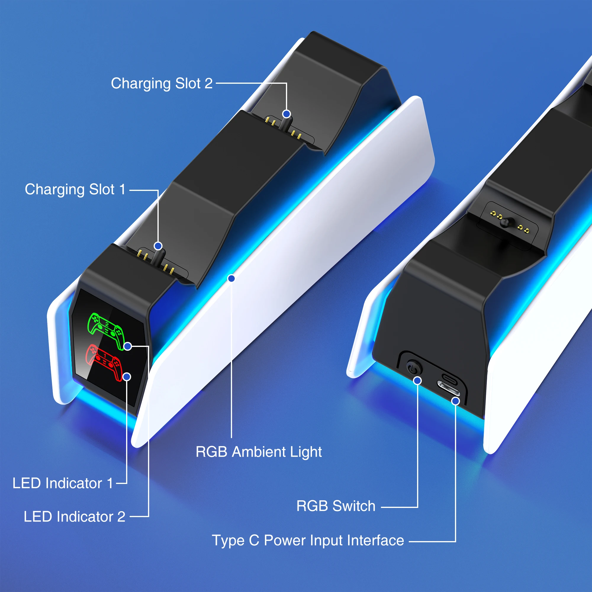 BEBONCOOL FC300 stazione di ricarica per Controller RGB per PlayStation 5 supporto di ricarica per indicatore LED a doppio caricatore rapido per Gamepad PS5