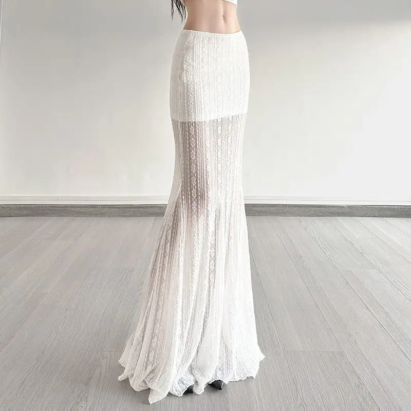 2026 Summer Floor Skirt Style Pure Desire Long Mesh Lace Skirts Tight Half Length Low White Waist Slim Fit Hip Hugging Dress