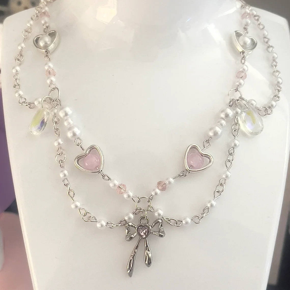 Handmade Coquette Pearl Necklace with Butterfly Knot