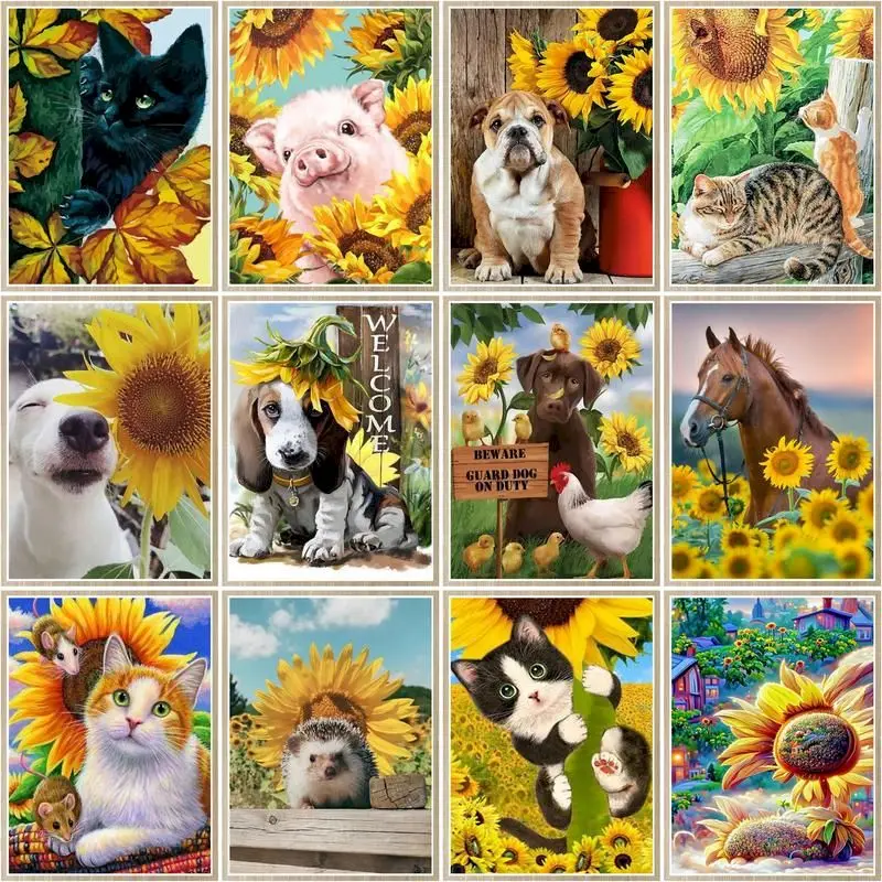 

CHENISTORY Diy Coloring By Number Sunflower Animal Kits Oil Painting By Number Dog Drawing On Canvas Handpainted Home Decor