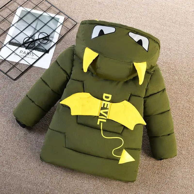 

Cartoon Little Monster Boys Jacket Coat Overcoat Cotton 2024 Army Green Warm Thickened Winter Outwear Children's Clothing Cute