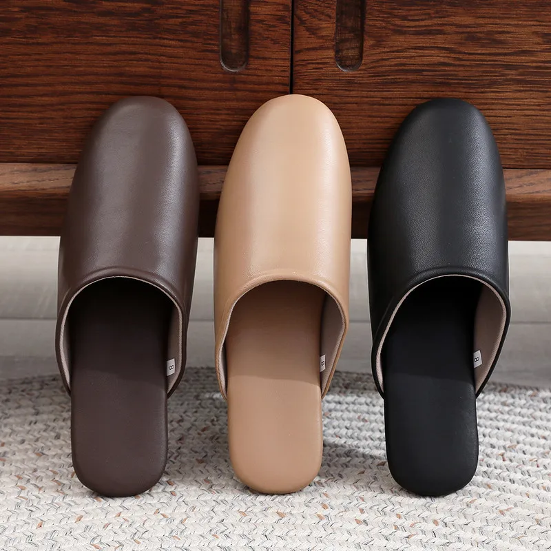 

Premium Breathable Indoor Leather Slippers Wear-Resistant Couple Home Slippers Soft Leather Comfortable All Seasons Slip-On S...