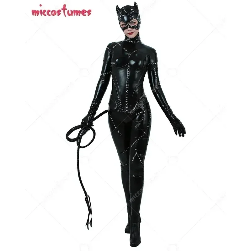 

Miccostumes Women's Delux Cat Fullbody Black Cat Catsuit Cosplay Costume Whip Zipper Patch for Halloween Cosplay costume