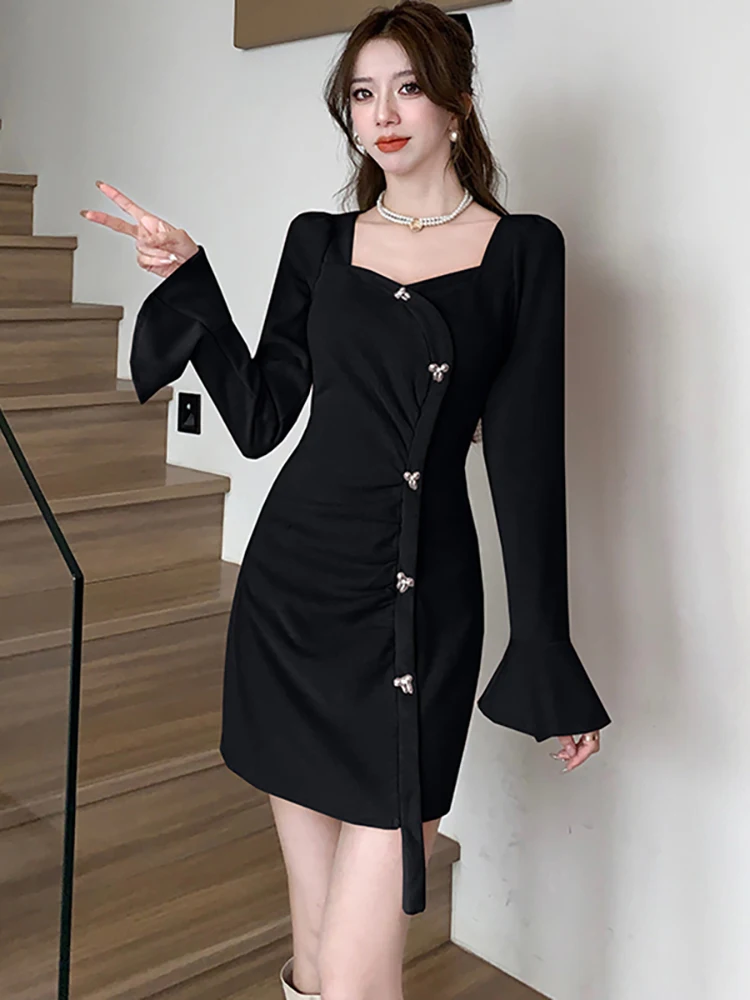 2024 Pink Chic Flare Slevee Square Collar Kawaii Dress Autumn Winter Elegant Bodycon Dress Women Korean Fashion Chic Short Dress