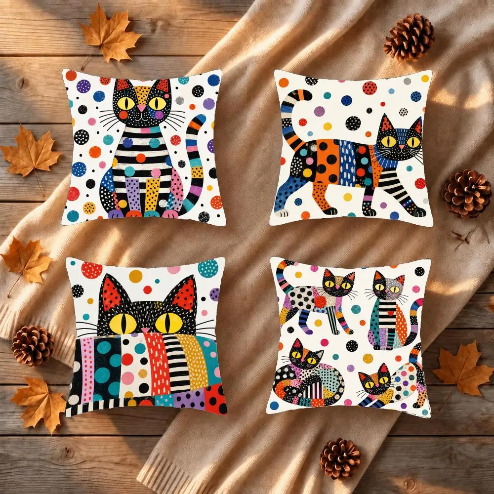 Patchwork Cat Wall Art Cushion Cover 1/4Pcs Soft Plush Throw Pillow Cover Double-Sided Print Sofa Living Room Decor