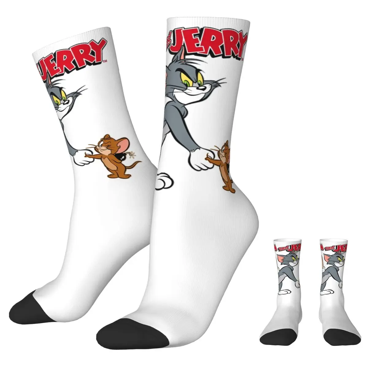 Harajuku Tom And Jerry Hand Shake Basketball Socks Cartoon Anime Polyester Crew Socks for Women Men Sweat Absorbing