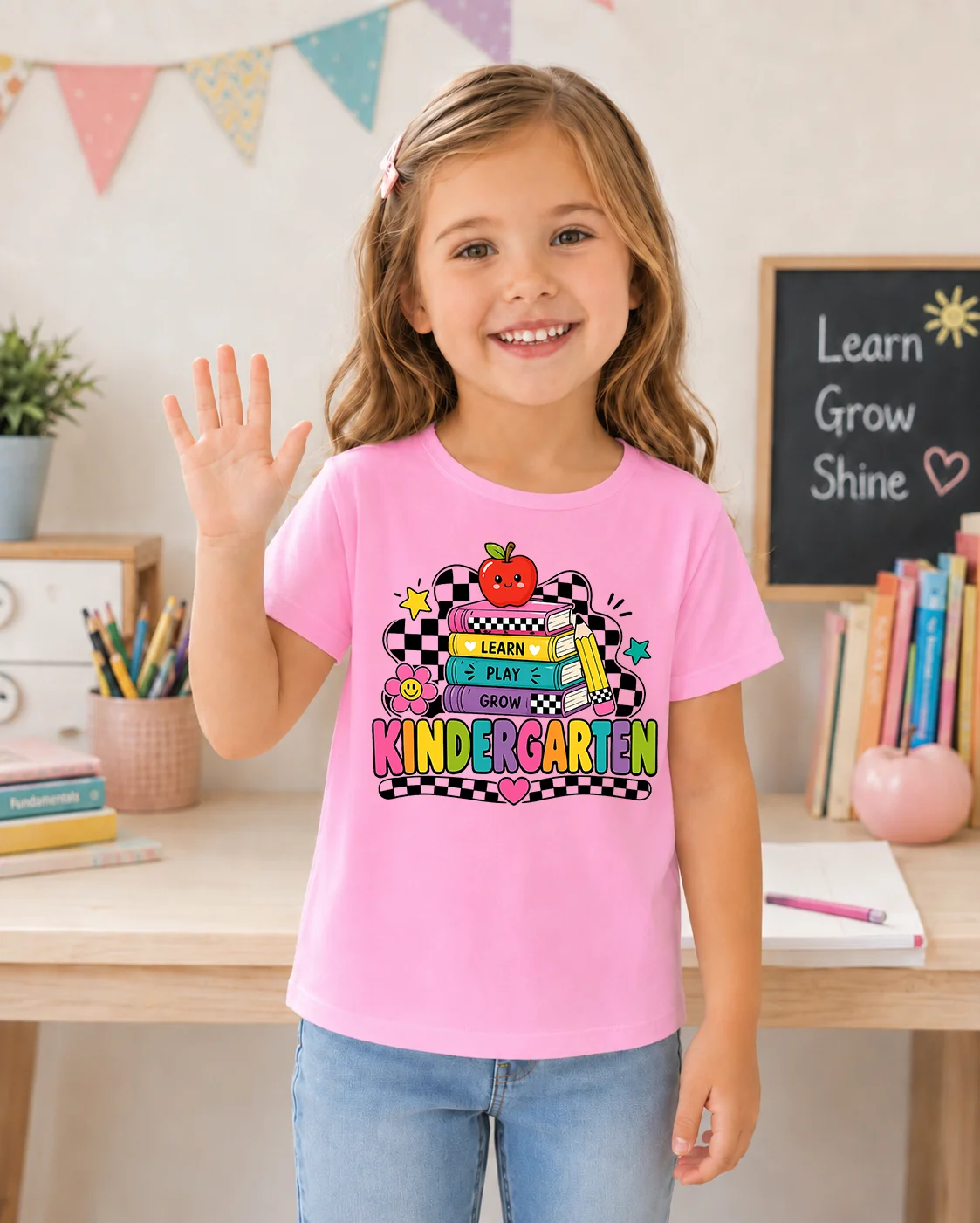 Toddler Girls Kindergarten T-Shirt Learn Play Grow Apple Book Graphic Tees Kids Short Sleeve Tops Back To School First Day Of Sc