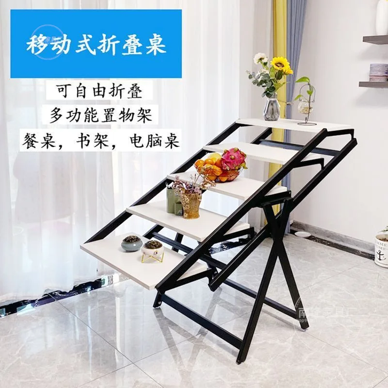 Foldable Ladder Shelf: Walnut Wood Finish+Black Metal Frame, 5-Tier Collapsible Storage Rack, Living Room/Balcony Display Shelf