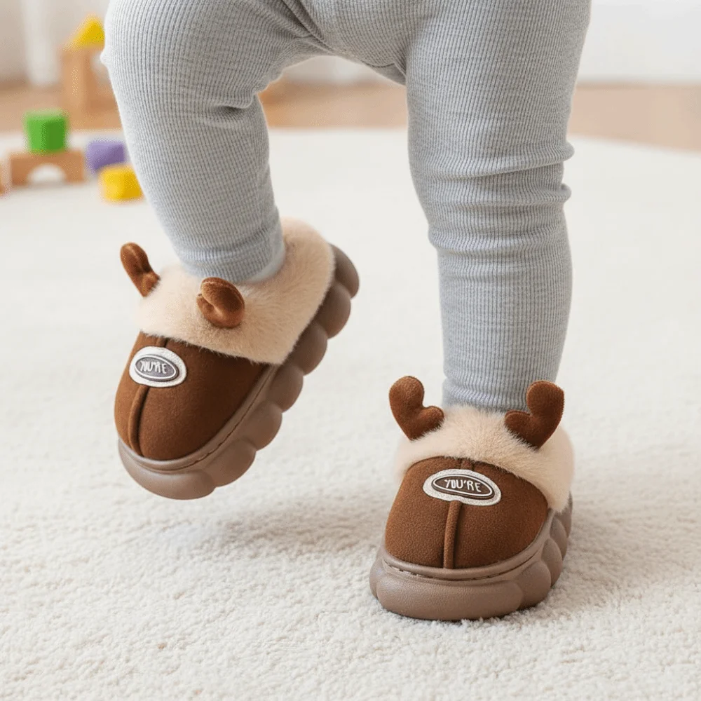 Waterproof Upper Kids Winter Slippers Thick Fleece Lightweight Sole Cute Antler Slides Cute Design Cozy Fit Cartoon Plush Mules
