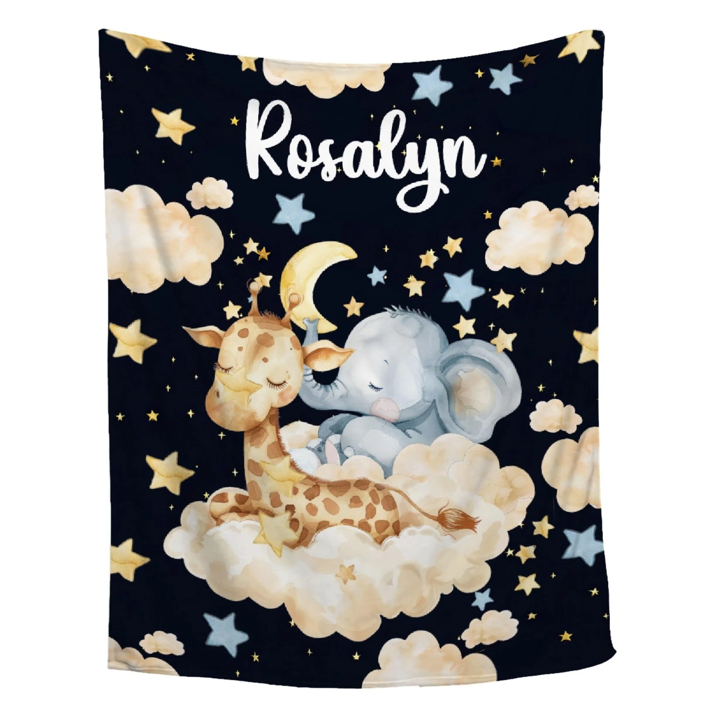 Personalized Baby Blanket Cute Giraffe And Elephant Sleeping On Cloud Stars Moon Name Rosalyn Soft Fleece Gift For Newborn
