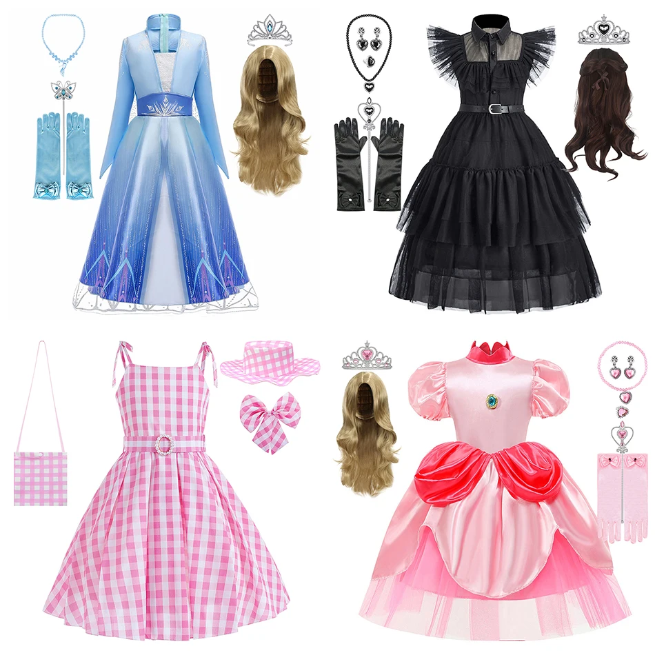 Disfraces de Halloween de miércoles, ropa de Cosplay de Moana para niños, vestido de princesa de melocotón para niñas, vestidos de Elsa, vestidos de fiesta de reina de las Nieves, vestido de fiesta de Barbi