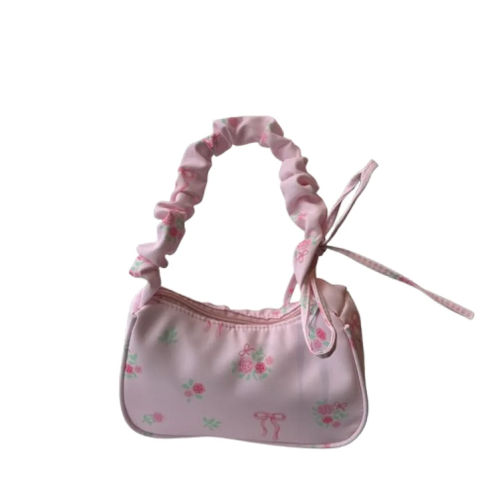 Korean Style Ruched Flower Pleated Underarm Bag Sweet Bowknot Nylon Handbag Trendy Handle Floral Shoulder Bag Woman