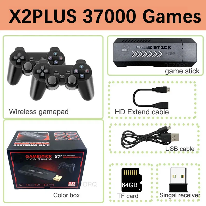 64G X2Plus Retro Video Game Console 4K HD 3D Gaming Stick Wireless Controller Built in 30+Simulators 30000+Games PS1/N64 Gift