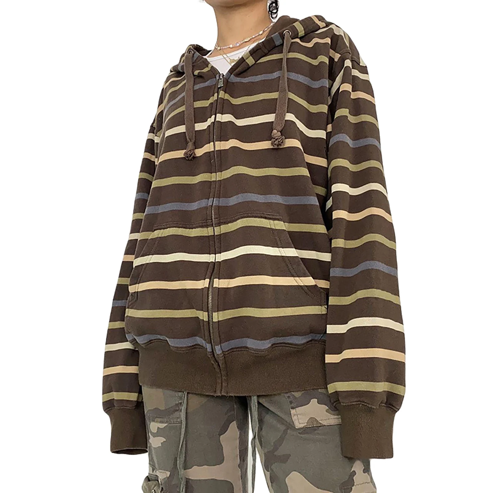 

Women Vintage 2000s Aesthetic Stripe Hoodies Autumn Y2K Loose Long Sleeve Zipper Sweatshirt Ladies Casual Pockets Streetwear