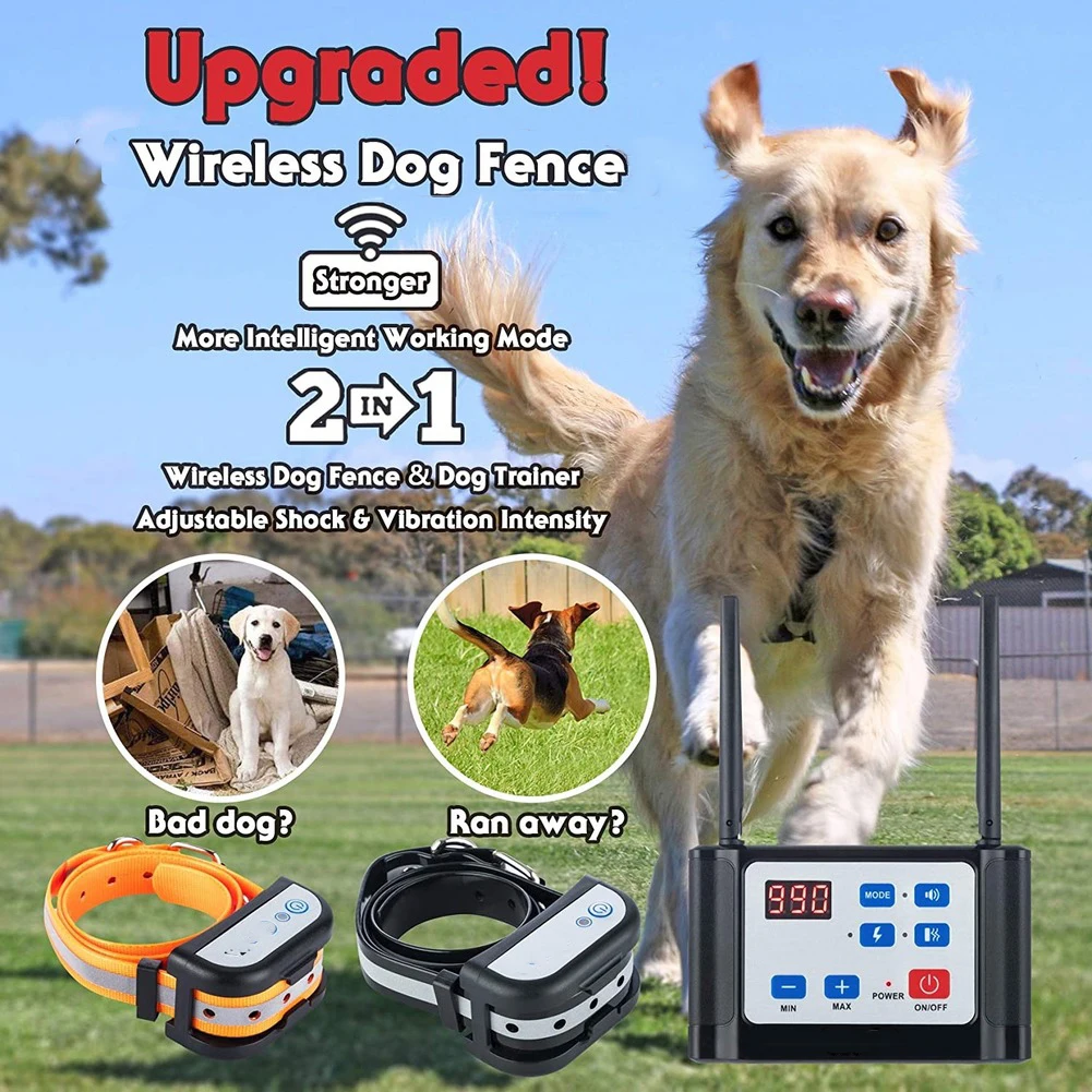

Wireless Dog Fence Electronic Pet Training Collar Dual Adjustable Range Control 100-990 ft Rechargeable Smart Dog Training Tools