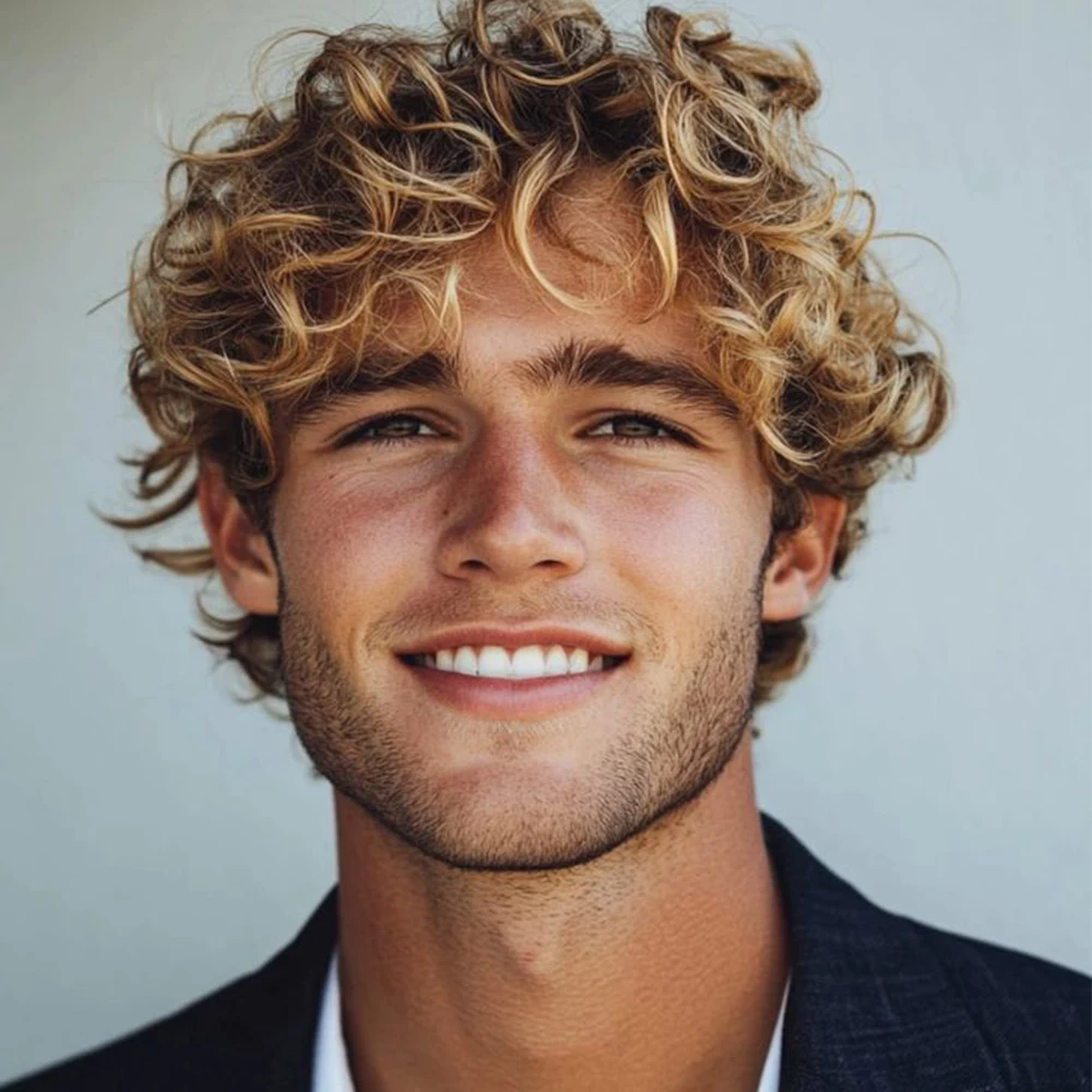 

Мужской короткий кудрявый парик P4/27 Highlight&Nature Black, стрижка пикси, из бразильских натуральных волос Реми, с челкой, машинной работы, для повседневного использования