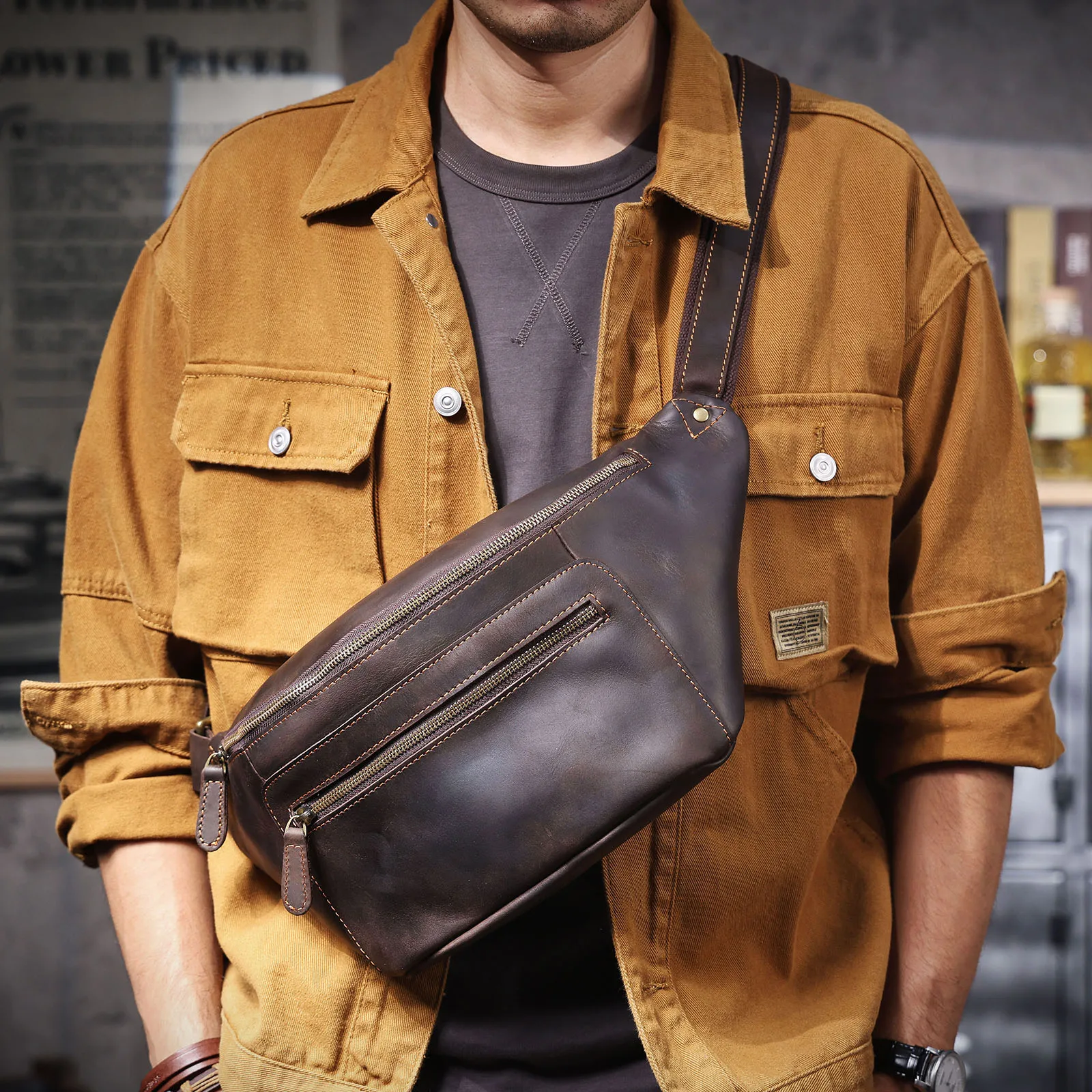 S.WORKER Vintage Brusttasche aus echtem Leder für Herren, Vintage, langlebige Brusttasche, Umhängetasche für Herren, Geschenk für Weihnachten – Detail 4