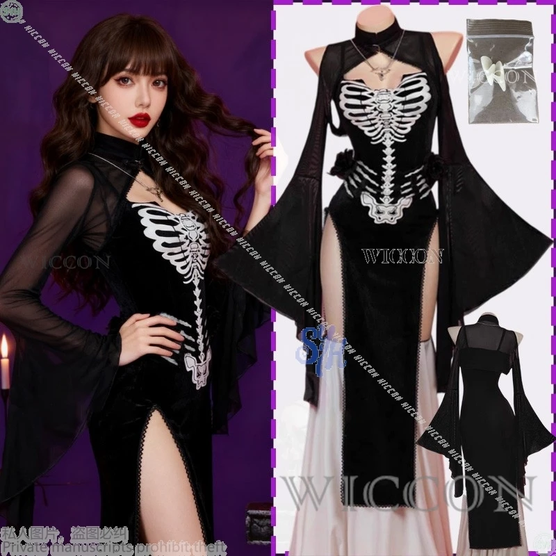 

Новинка 2025 года, карнавальный костюм в стиле аниме на Хэллоуин, выдолбленное темное готическое платье с костями, сексуальное черное платье с разрезом и рукавами-колокольчиками, ужас Лолита