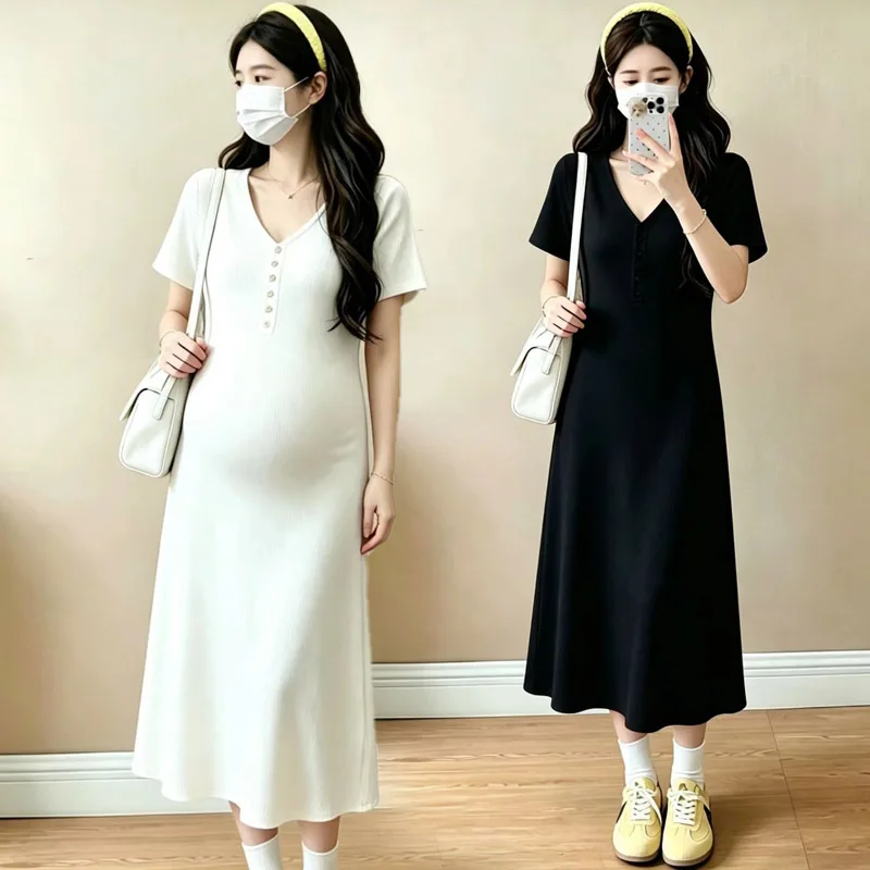 Maternity Dress Korean Fashion V-neck Short Sleeve Knitted Maternity Dress Street Style Trendy Midi Skirt for Pregnant Women