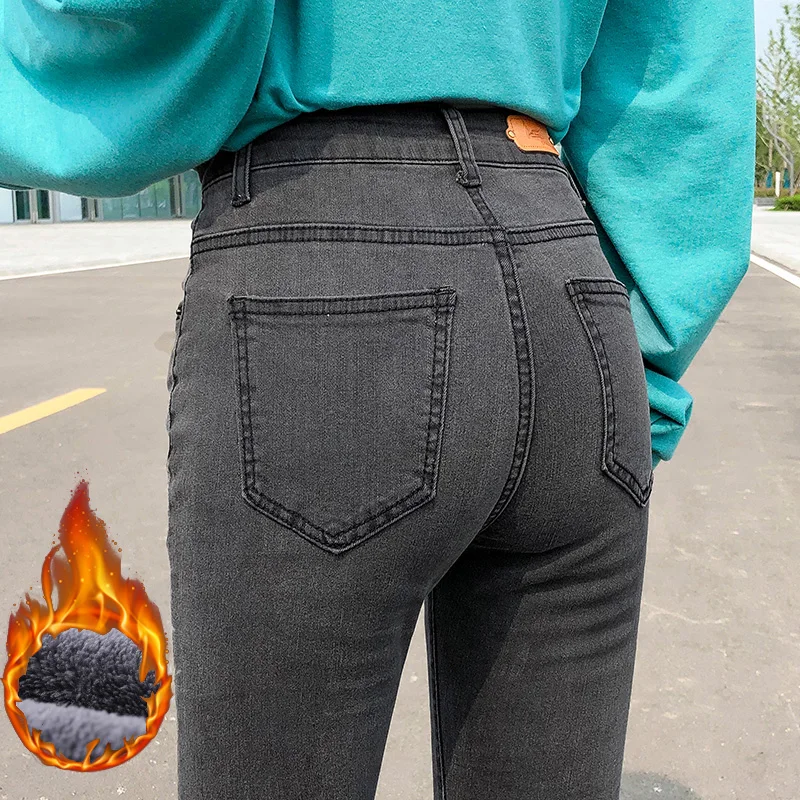 Winter Frauen übergroße hohe Taille Plüsch warme Lamm Fleece Jeans Denim Skinny Stretch hose Dame plus Größe Thermos tift Hose