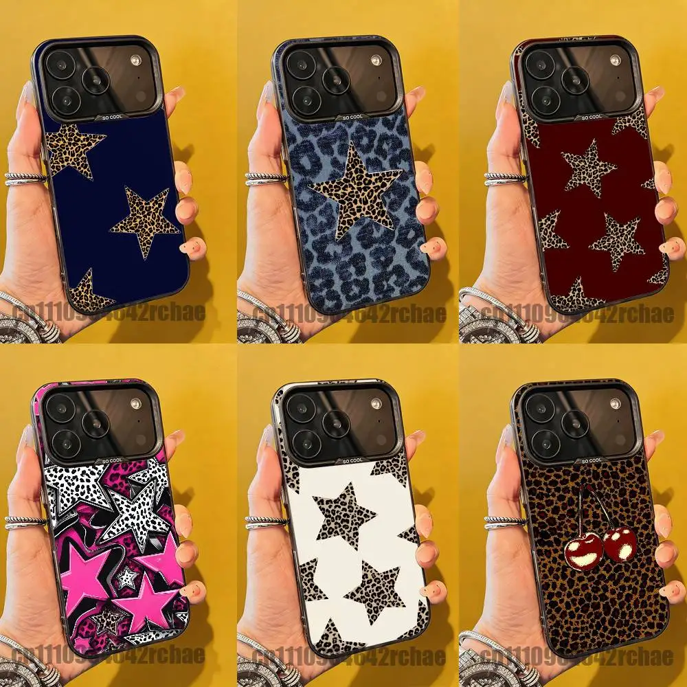 

For Leopard Print Cherry Star Phone Case iPhone 14,16,12,15,13,17,11,E,Pro,Max,Plus,Air,Mini Black Soft Cover