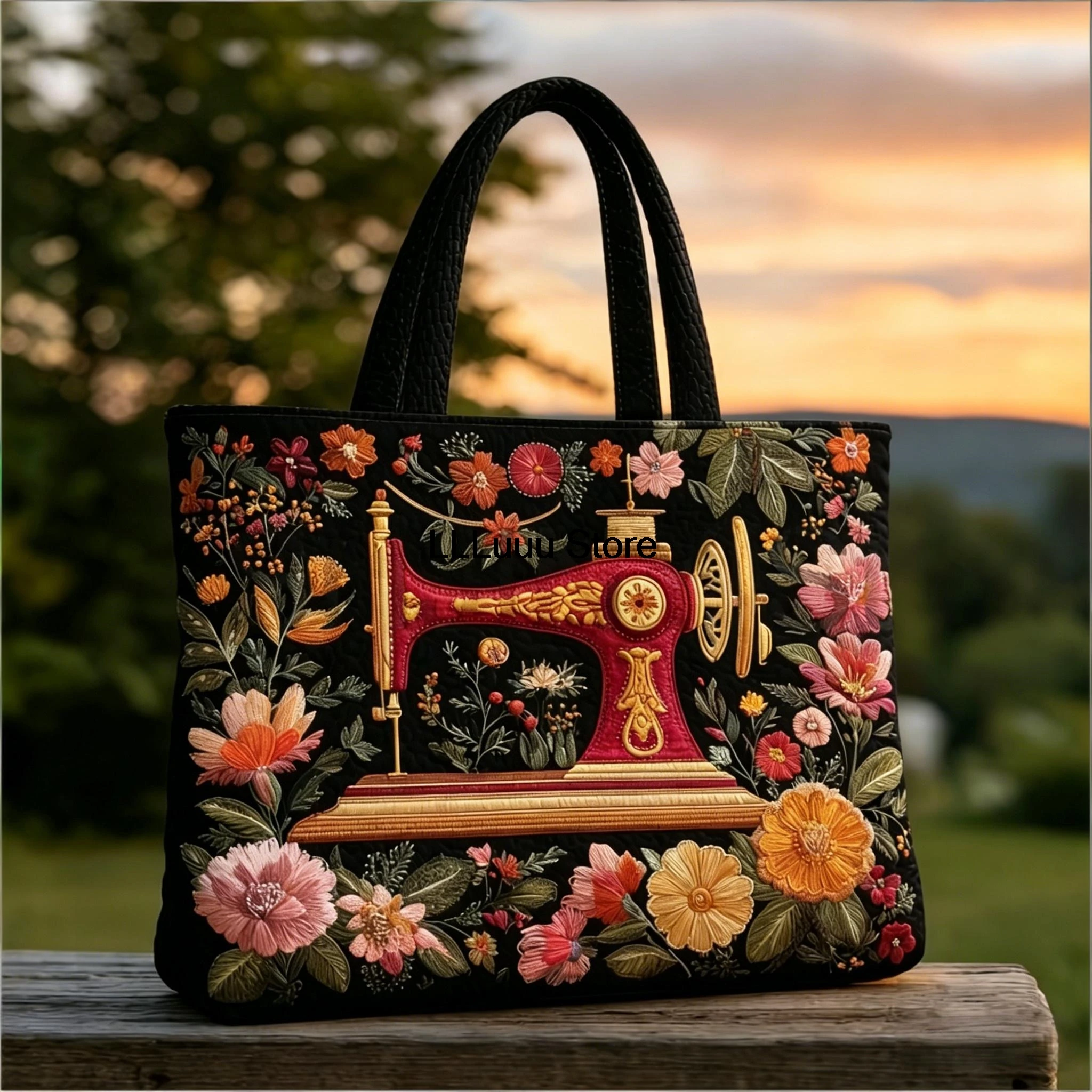 3D Sewing Machine Print Floral Patchwork Quilted Tote Daily Shoulder Bag Women's Vintage Handbag For Shopping
