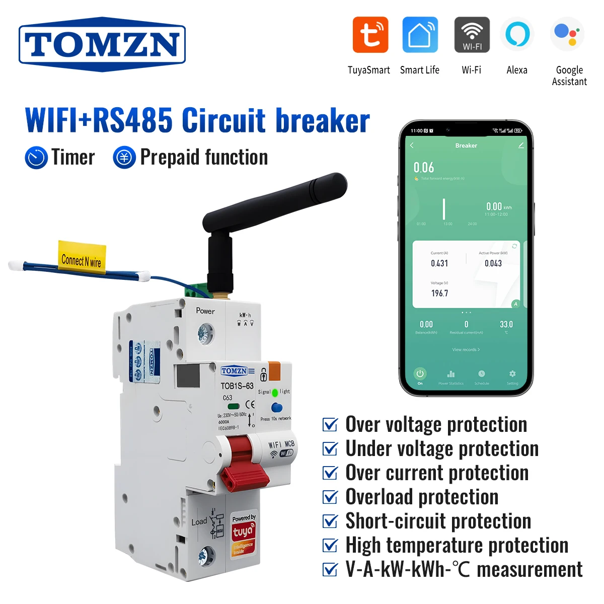 TOMZN TOB1S-63 RS485 WIFI Control 1P+N 220V 230V AC 1-63A V-I-Hz-kW-kWh-℃ Short-current Protection Prepayment OVP UVP OCP Lock