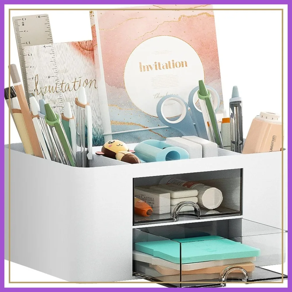 

Pen Organizer with 2 Drawer, Multi-Functional Pencil Holder for Desk, 5 Compartments + Drawer for Office Art Supplies (White)
