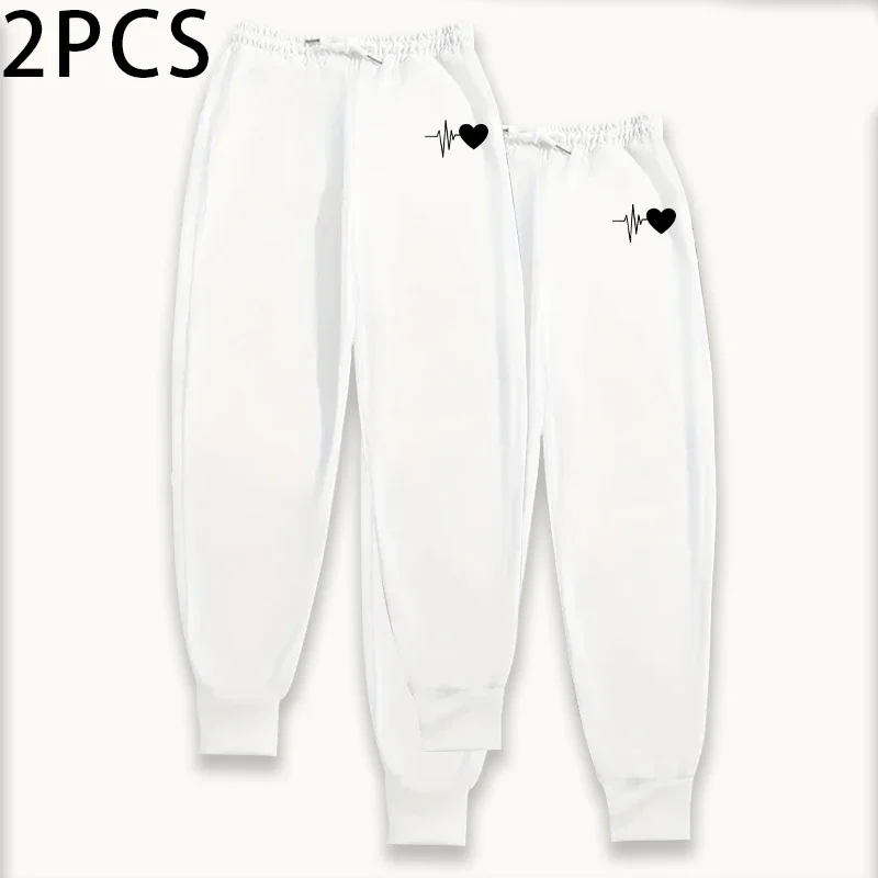 Calça de moletom feminina com estampa de coração, 2 pacotes, cor pura, outono inverno, roupa de salão, ajuste confortável, calças casuais atléticas, conjunto de 2 peças