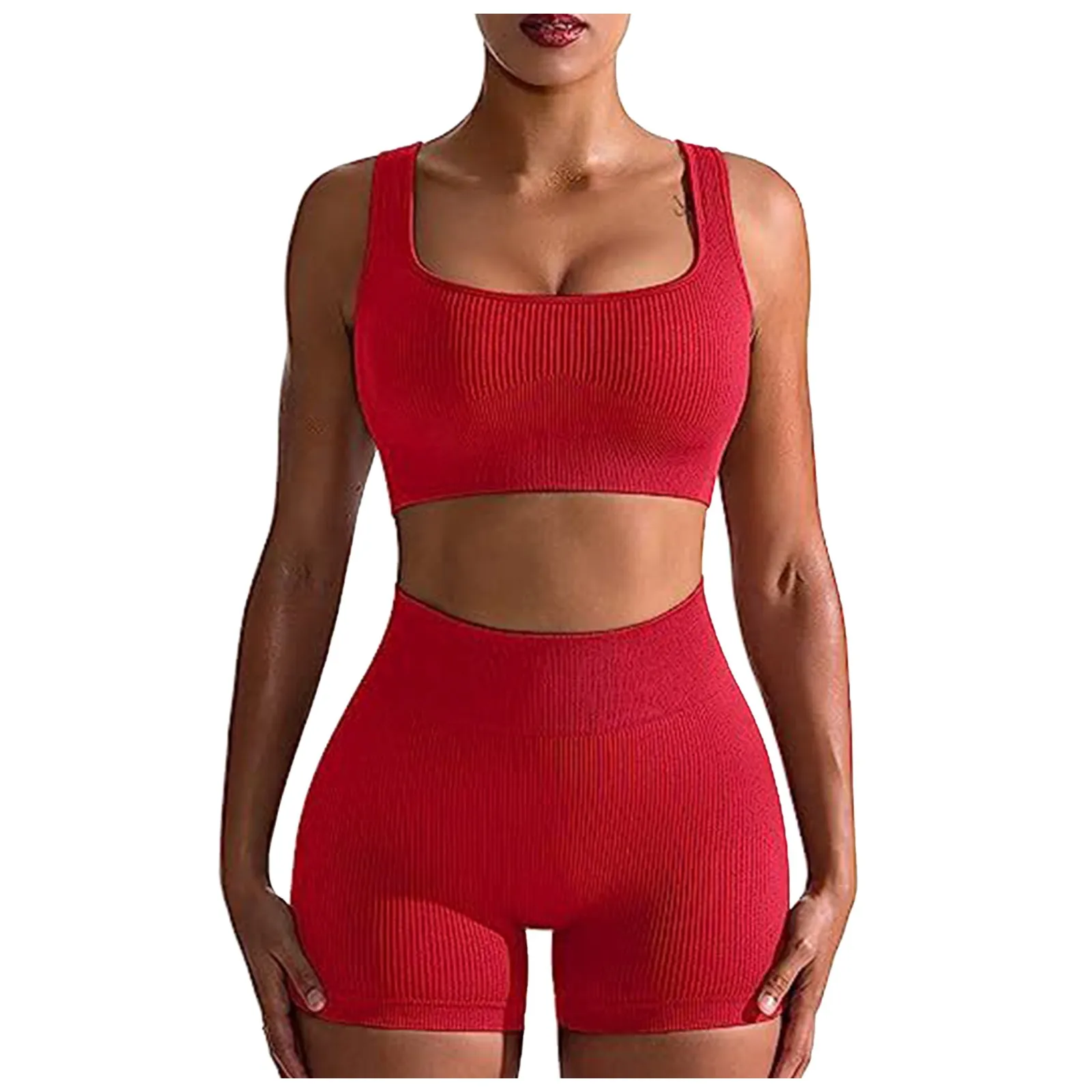 Workout Outfit Sets For Women 2 Piece Seamless Ribbed High Waist Leggings With Sports Bra Crop Full Bottom Swimsuits for Women