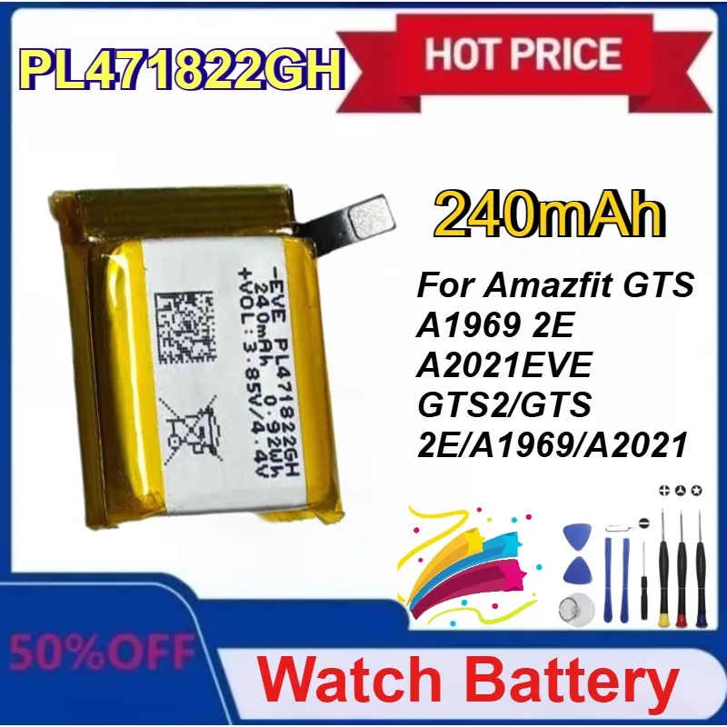 

New PL471822GH 240mAh Watch Battery For Amazfit GTS A1969 2E A2021EVE Replacement Battery with Tools