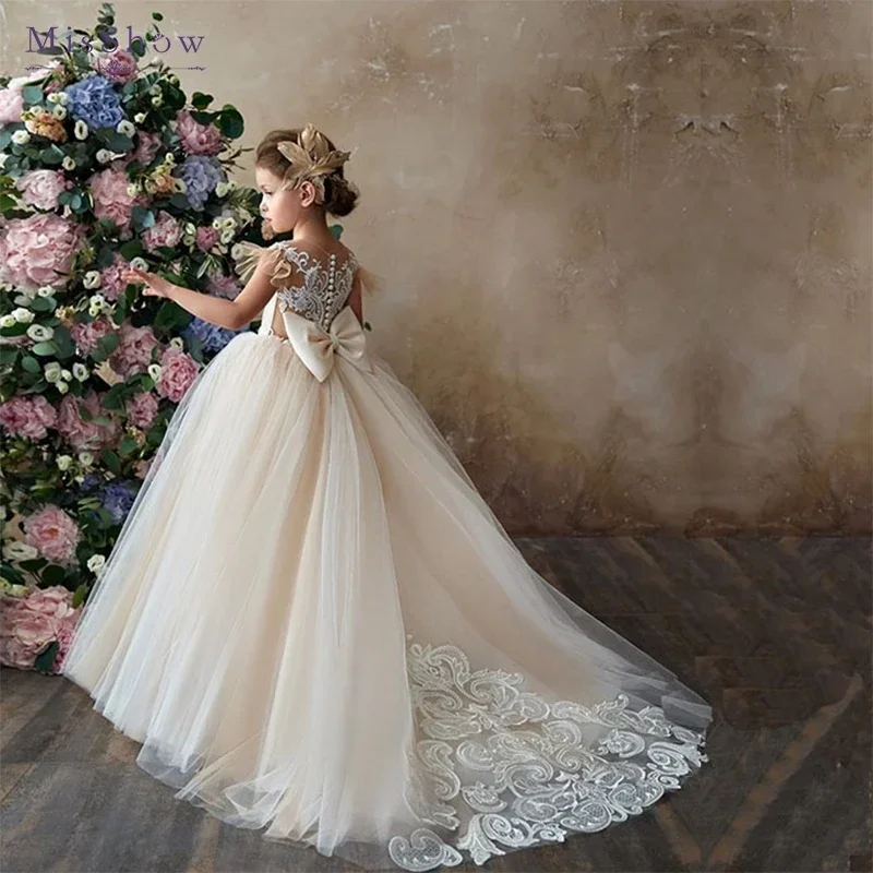 

MisShow Flower Girl Dresses Long Train Floor Length Princess Ball Gown Sleeveless Button Appqulies Tulle Beads With Bow TUTU