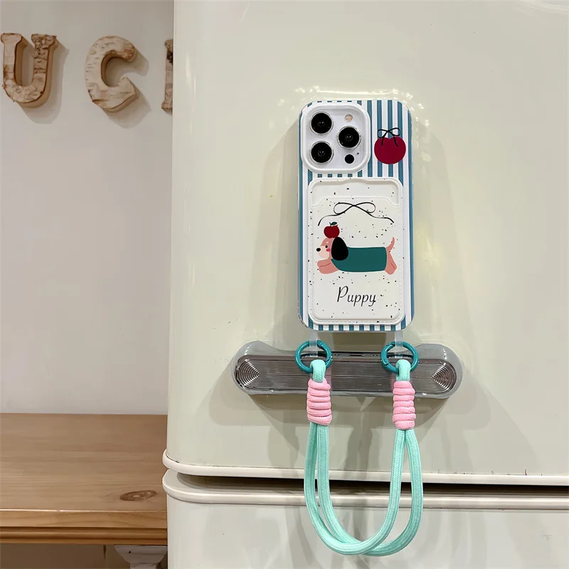 Card bag transparent painted apple sausage dog phone case with hanging rope For iPhone 11 12 13 14 15 16 pro max