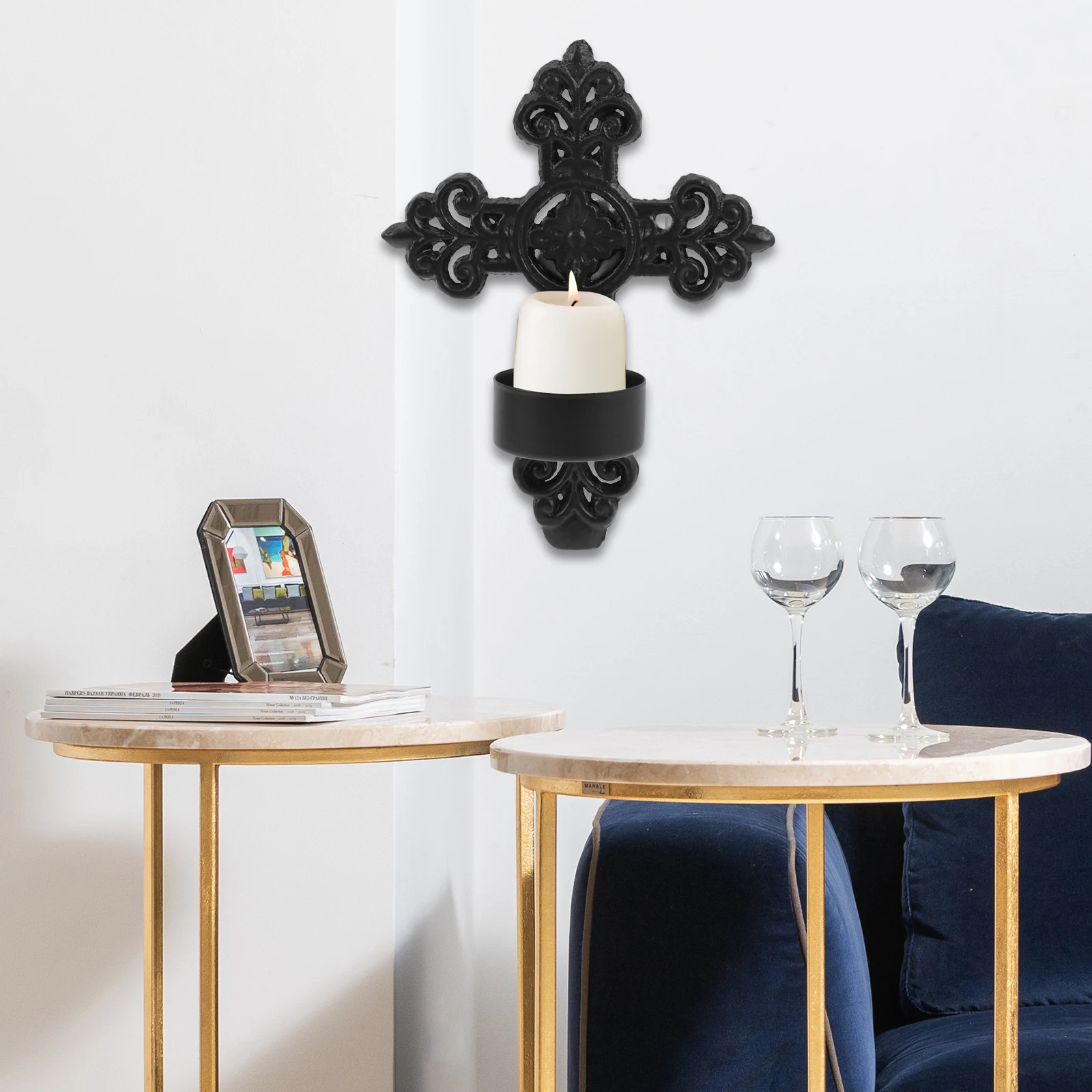

2pcs European Style Candlestick Black Iron Wall Sconce Cross Votive Holder Retro Metal Ornament Living Room Decor Tea Light