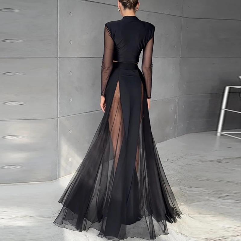 Moda feminina decote em v colheita topo com saia longa conjunto de duas peças sexy ver através de malha retalhos festa terno casual férias outfit