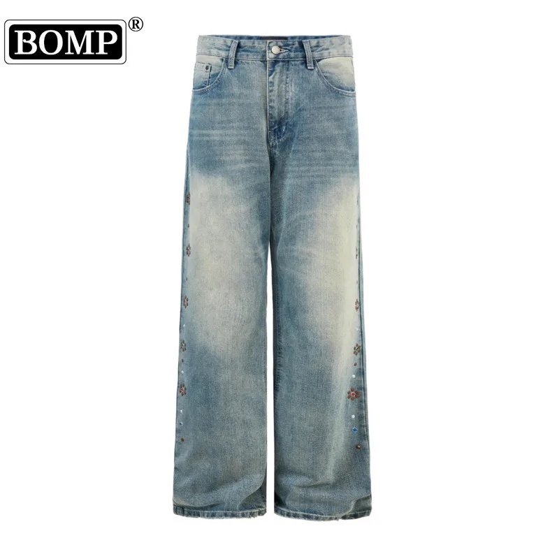 [BOMP] nail bead yellow mud dyed washed loose slightly flared jeans men