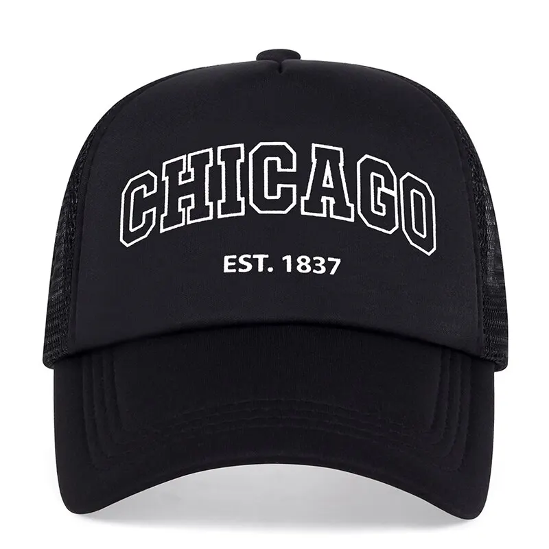 Letnia męska siatkowa czapka z daszkiem Outdoor Sport Chicago Letter Snapback Hat Dla kobiet Unisex Oddychające czapki Hip Hop Trucker Hats