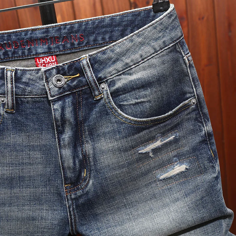 High end summer denim shorts for men with perforated patches, trendy fashion, casual, retro and nostalgic five quarter pants