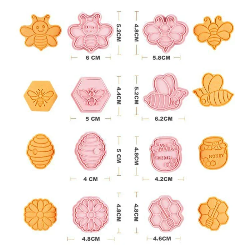 8pcs/set Bee Shape Biscuit Mold Cookie Cutter 3D Cartoon Pressable Biscuit Mold Cookie Stamp DIY Fondant Sugarcraft Baking Tools