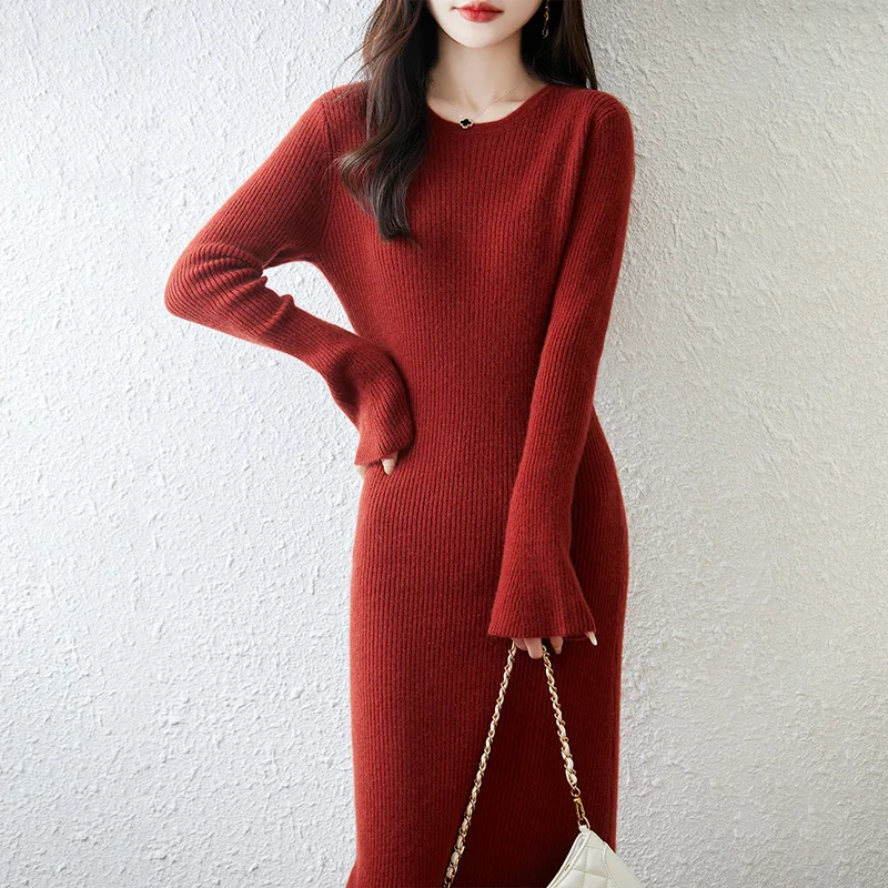 New Women Knitted Pit strip slimming style 100% Australia Wool Long Dress Round Neck Flare Sleeve High quality Length Style Dres