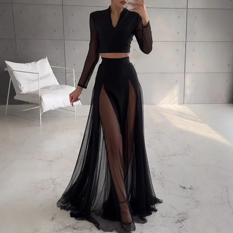 

Fashion Women's V Neck Crop Top with Long Skirt Two Piece Set Sexy See Through Mesh Patchwork Party Suit Casual Vacation Outfit